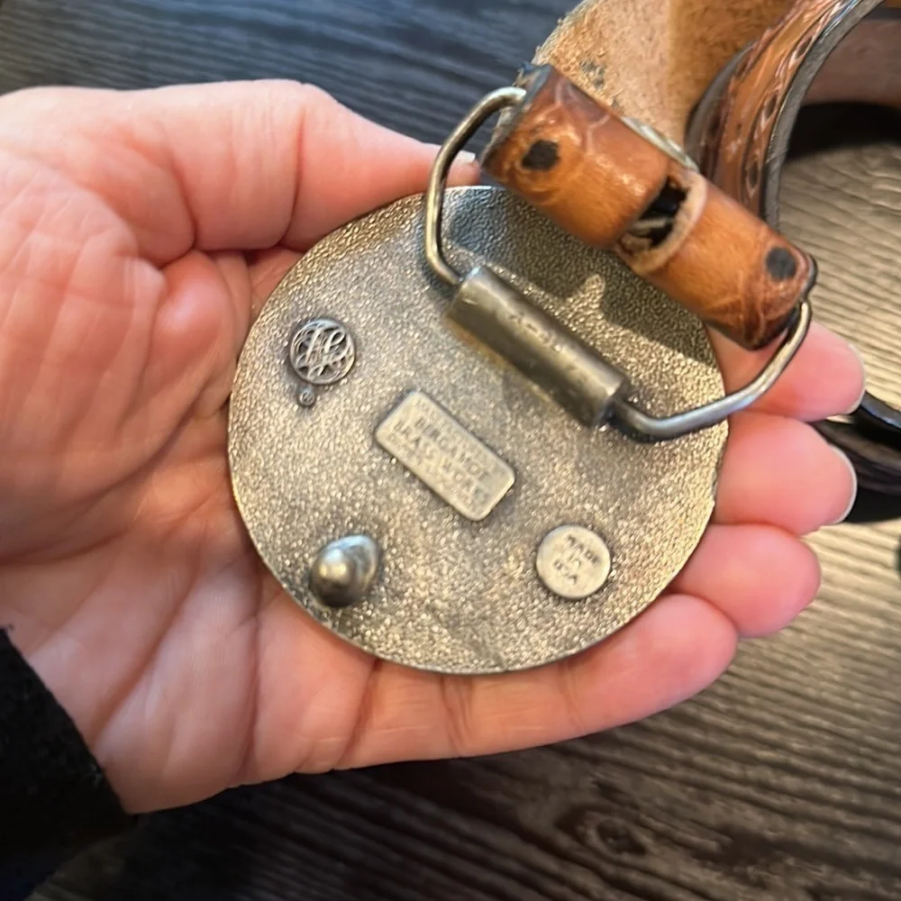 Bergamot Brass Works Vintage Tooled Leather Belt with Soaring Eagle Brass Buckle